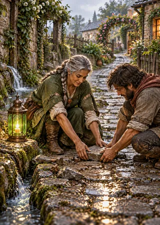 An older woman and a companion repair a village lane beside a green lantern.