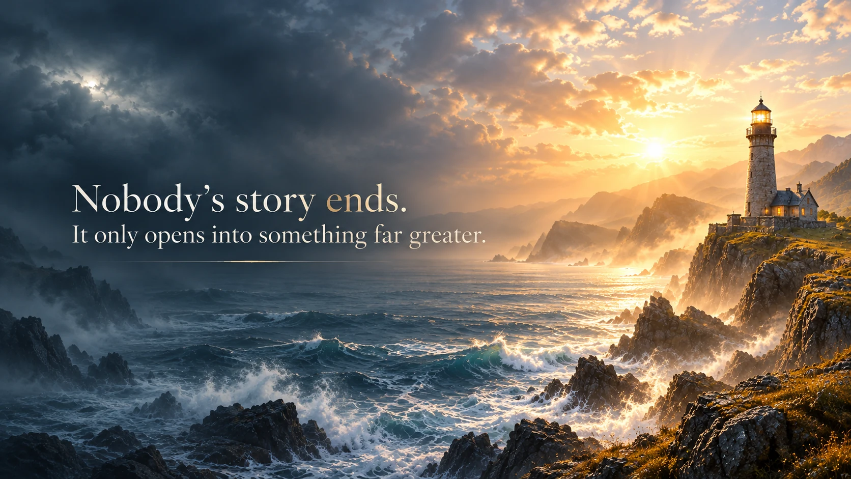 A lighthouse coast moving from dark fog into golden sunrise. The artwork reads: Nobody’s story ends. It only opens into something far greater.