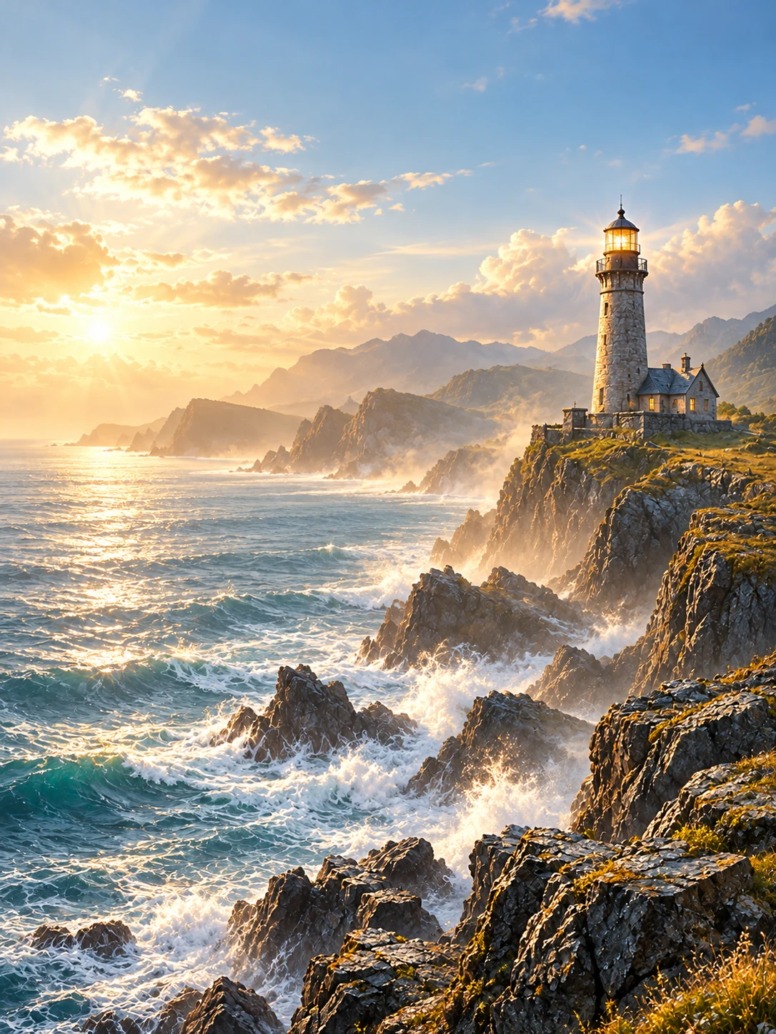 A sunlit lighthouse above the ocean, artwork for the revised edition of Until Further Notice.